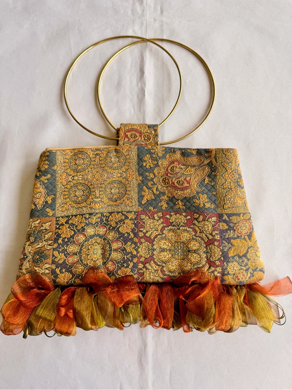 Tapestry Boho Style Bag with Gold Tone Round Hoop Handles and Cool Fringe